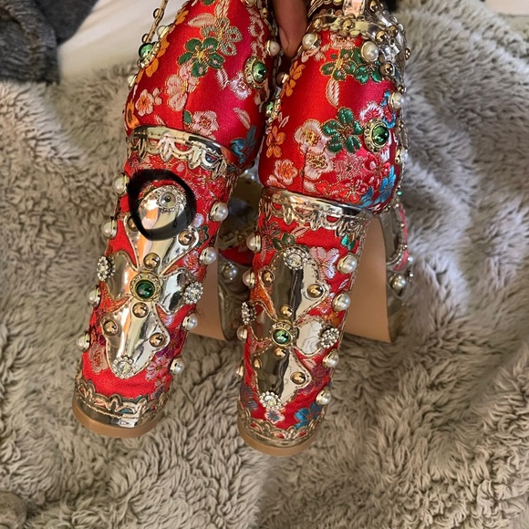 New Azalea Wang Party Peep Platform Heels Embellished Satin Victorian Ankle 6 - Picture 11 of 12